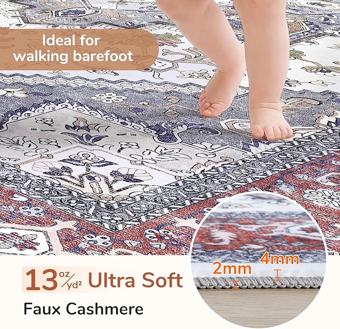 OPPODREAM Thin Entryway Rug 2x12, 2x12 Rug Runner, Washable Hallways Carpet 2 x 12 with Non Slip Backing, Low-Pile Bedside Carpet 2 x 12, Long, Faux Cashmere, Red & Grey