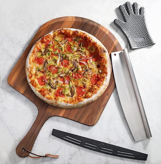 New Star Foodservice Stainless Steel Pizza Cutter (18") and Acacia Wood Pizza Peel (20") Combo Set