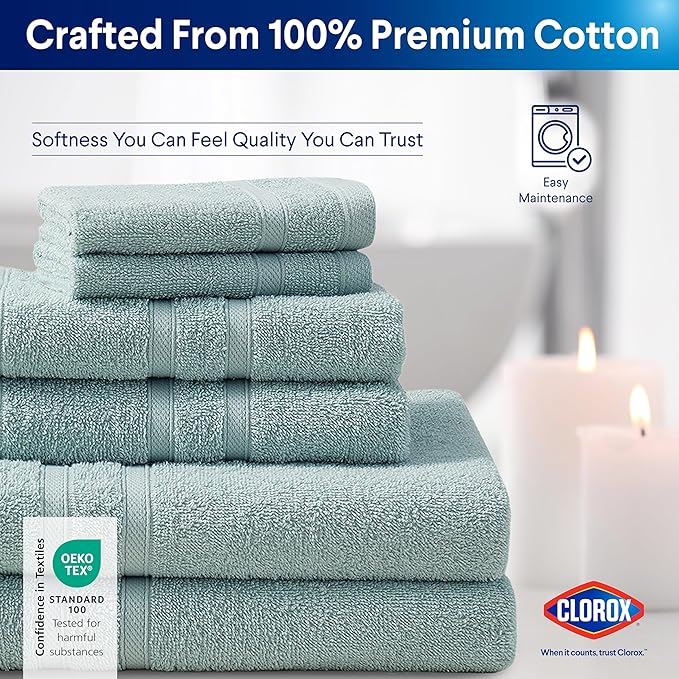 CLOROX Bleach Friendly, Quick Dry, 100% Cotton Washcloths (12" x 12"), Highly Absorbent Soft Lightweight, Ideal for Everyday Use, Easy to Wash (12 Pack, Mineral Blue)