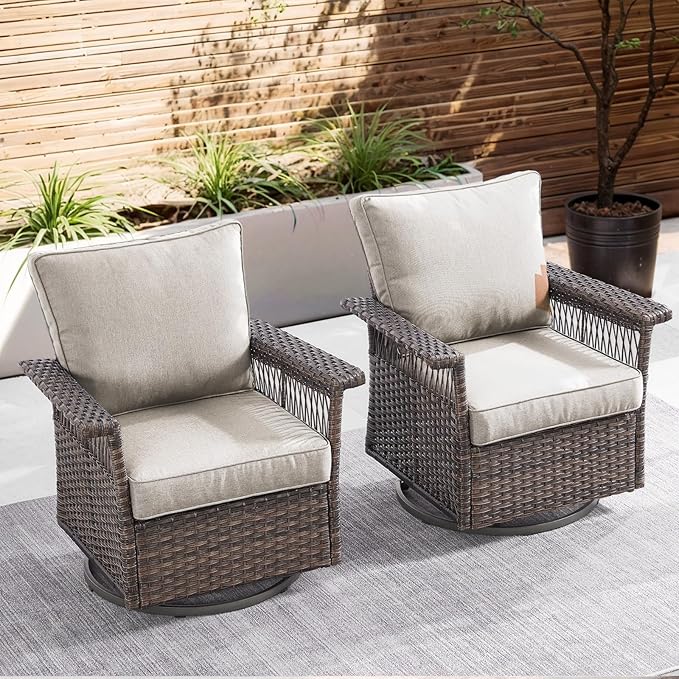 Outdoor Swivel Glider Chairs Set of 2 - Hollow Widen Armrests Wicker Patio Furniture Set, Comfortable High Back Outside Swivel Rocker for Balcony Porch Deck and Yard - Brown/Beige