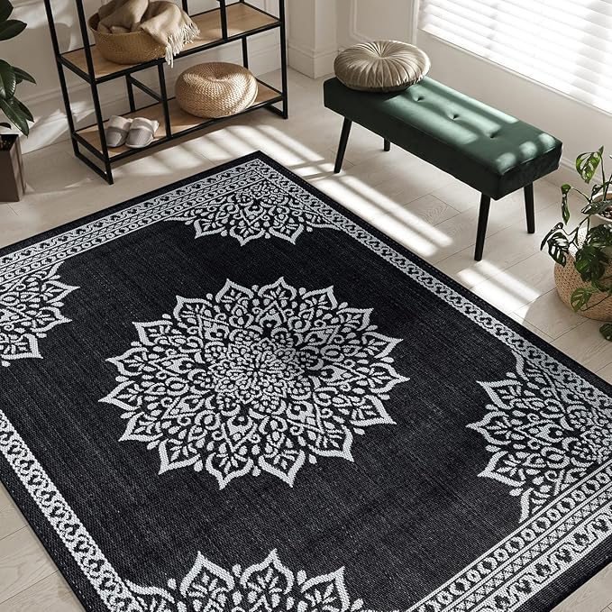 CAMILSON Outdoor Rug, 5x7 Medallion Black White Modern Area Rugs for Indoor and Outdoor Patios, Kitchen and Hallway Mats, Washable Porch Deck Outside Carpet (Medallion Black, 5 x 7)