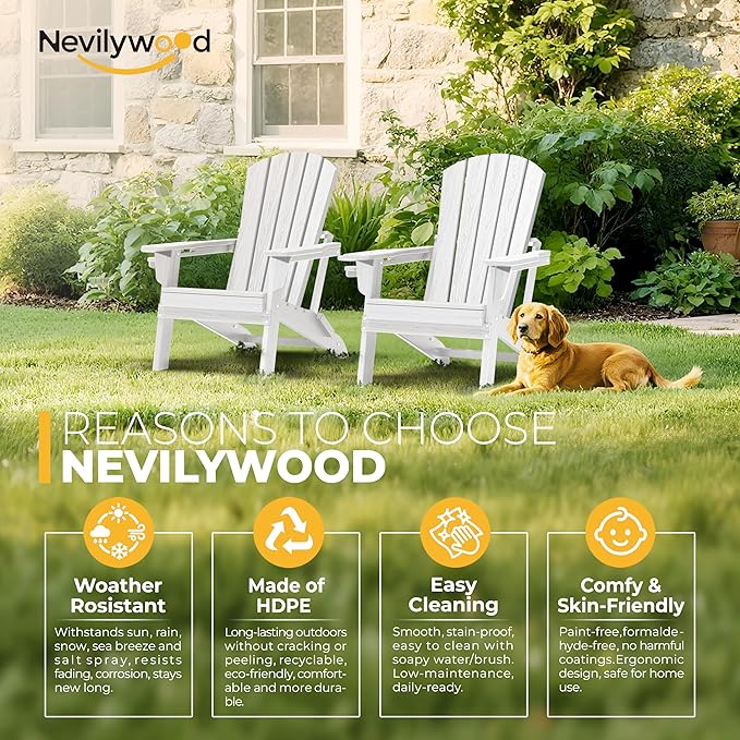 nevilywood Folding Adirondack Chair - Extended Ergonomic Backrest, Cup Holder - Easy Assembly - Durable HDPE Plastic, Weather Resistant & Maintenance-Free - Lawn, Patio, Deck Supports 380lbs White