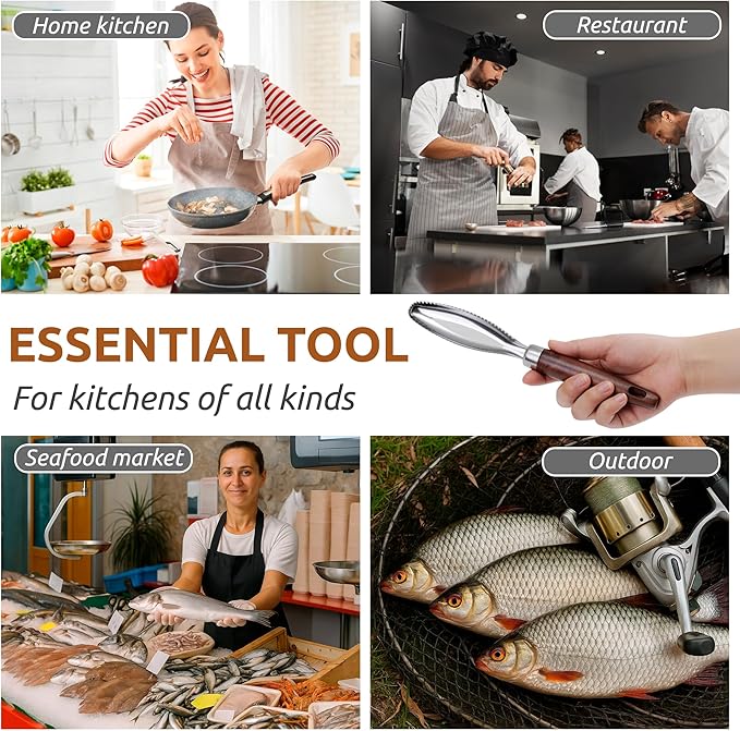 DUGATO Fish Scale Remover, Stainless Steel Scaler with Wood Handle