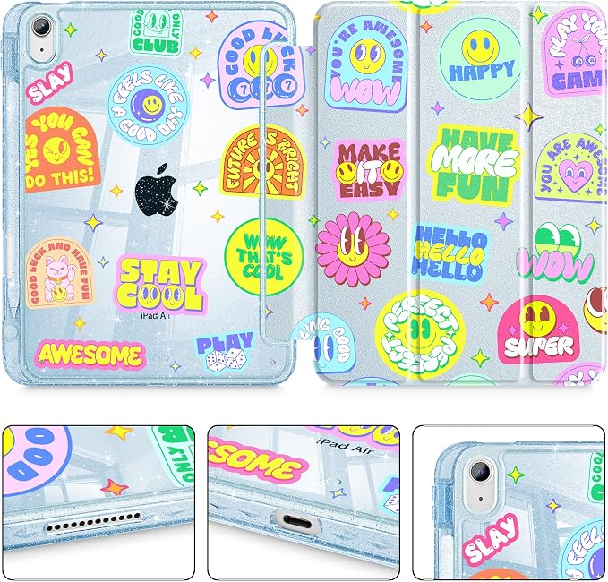 for iPad Air 11 inch M4/M3/M2 (2026/2025/2024) iPad Air 5th/4th Gen (2022/2020) 10.9 inch with Pencil Holder Glitter Clear Pretevtive Cover Auto Wake/Sleep Black Cartoon Stickers