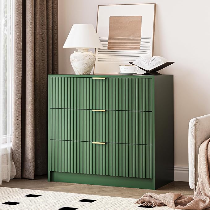 Green Fluted Dresser for Bedroom, 32 Inch Wide Nightstand with Large Drawer, 3 Drawer End Table for Bedroom, Living Rooms, Offices, and Entryways