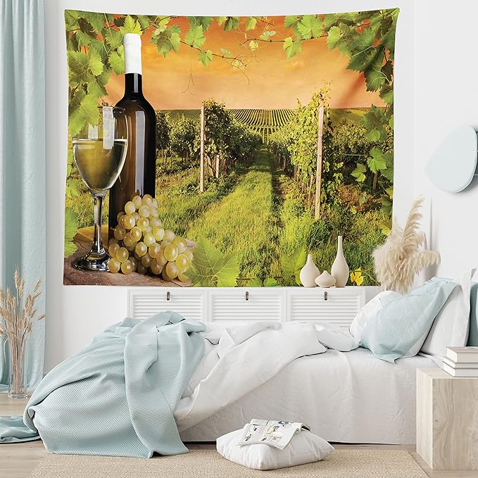 Ambesonne Winery Tapestry King Size, Bottle and Glass of Wine and Vineyards of Sunset Countryside Romantic Evening View, Wall Hanging Bedspread Bed Cover Wall Decor, 104" X 88", Orange Green