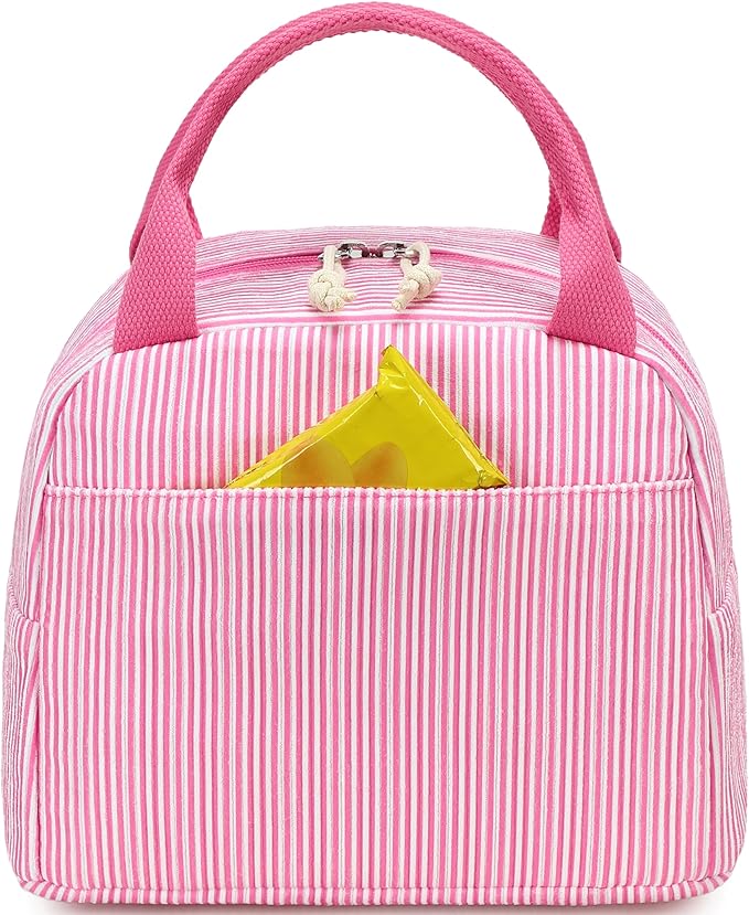 LEDAOU Lunch Box for Women Insulated Lunch Bag Corduroy Lunch Tote Bags Leakproof Cooler Lunch Case for Travel Work Picnic (K-Stripes-Pink)