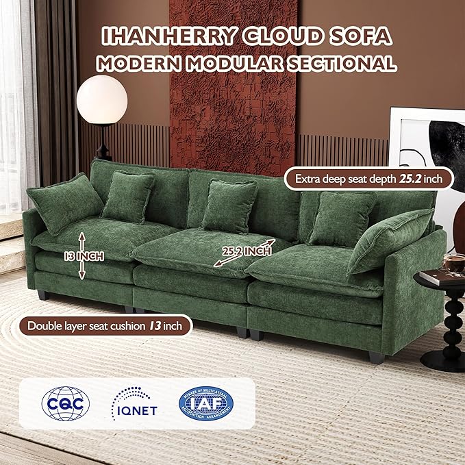 Ihanherry 111.4 Inch 3-Seater Cloud Sofa, Modular Sectional Couch, Modern Deep Seat Sofa for Living Room, Comfy Double Layer Upholstered Seat Cushion, Breathable Chenille Fabric, Green