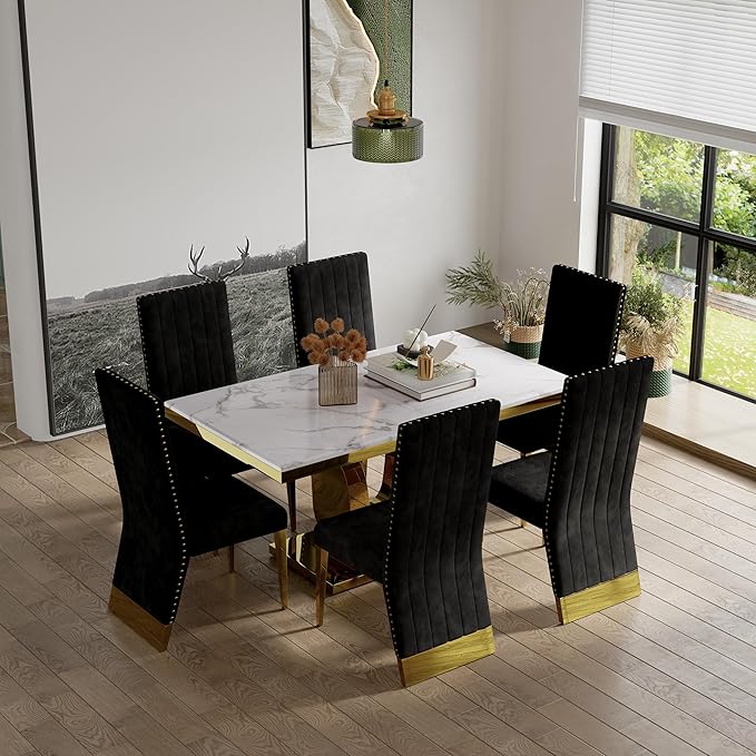 AUZ Black and Gold Dining Chairs Set of 8, Black Velvet Upholstered Dining Room Chairs with Nailhead Trim, Modern High Back Dining Chairs with Gold Legs