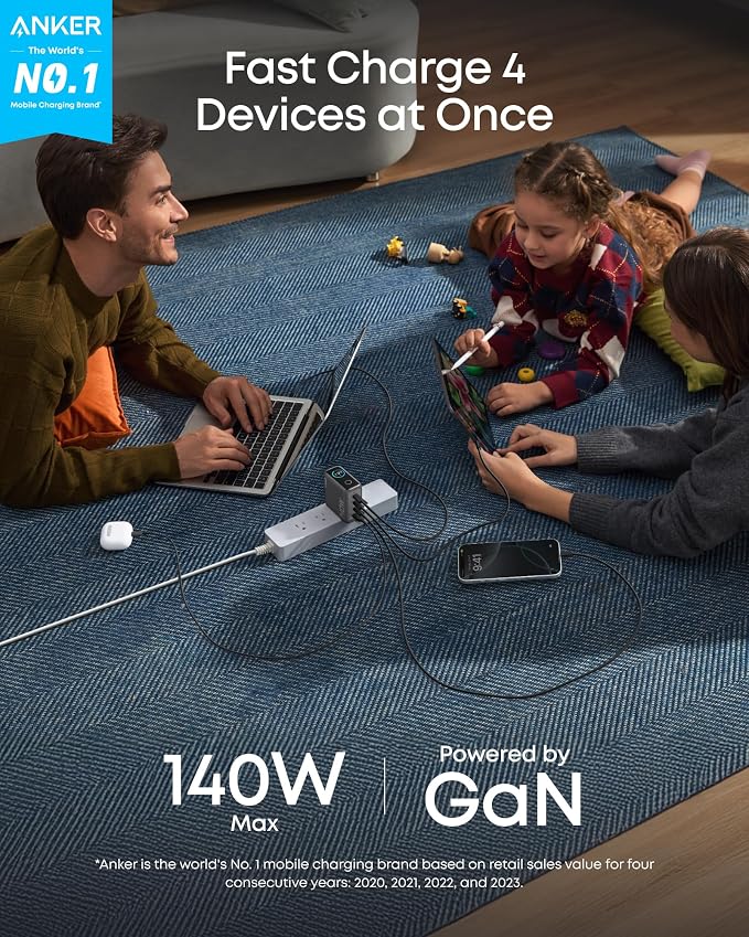 Anker 140W Max 4-Port GaN Charging BlocksSmart Display for MacBook Charger | Fast Charger USB C Power Adapter with Touch Controls for Macbook ProiPadiPhone 17/16 Series(Include 5FT CableNon-Batter