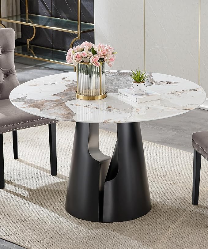 3-Piece Faux Marble Round Dining Table Set for 2, Modern Luxury Kitchen Table Set for 2 with Beige Tufted Chairs,Circle Dining Tables with Pandora Grain Top and Black Pedestal Base
