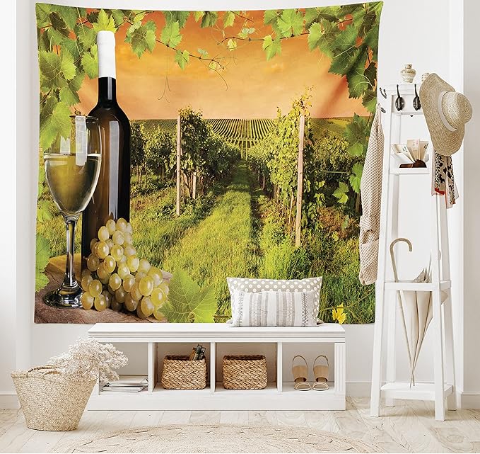 Ambesonne Winery Tapestry King Size, Bottle and Glass of Wine and Vineyards of Sunset Countryside Romantic Evening View, Wall Hanging Bedspread Bed Cover Wall Decor, 104" X 88", Orange Green