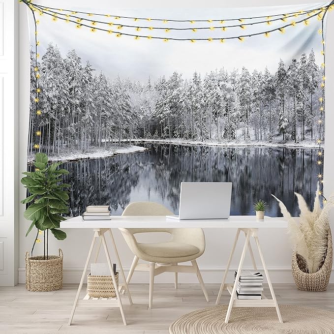 Ambesonne Woodland Tapestry King Size, Lake Surrounded by Snow Covered Trees on a Cold Winter Day in Finland Reflections, Wall Hanging Bedspread Bed Cover Wall Decor, 104" X 88", White Brown