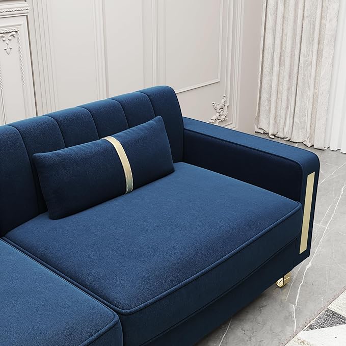 Couch 85.62" 3 Seats Sectional Velvet Fabric Sofa Easy Assemble Sofa Bed with 2 Couch Pillows,Gold Metal Legs for Living Room (P17, Blue)