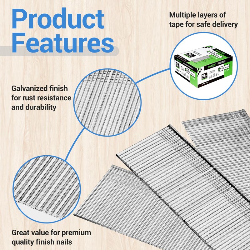 meite 16 Gauge Finish Nails 1-1/4 Inch Galvanized Straight Finishing Nails for Finish Nailer Gun Window Casing Baseboard Crown Molding, 5 Boxes/12,500PCS
