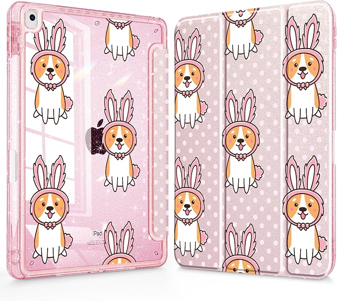 Case for iPad 9th/ 8th/ 7th Generation 10.2-Inch Case(2021/2020/2019 Release) Glitter Tablet Cases with Transparent Acrylic Back+Trifold Stand+Pencil Holder+Auto Wake/Sleep Bows-Stripe