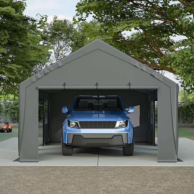 Carport 25x13ft Heavy Duty Canopy Storage Shed,Extra Large Portable Outdoor Garage with 4 Roll-up Doors & 4 Windows and All-Season Tarp Cover UV Resistant Waterproof for Car,Truck,Boat