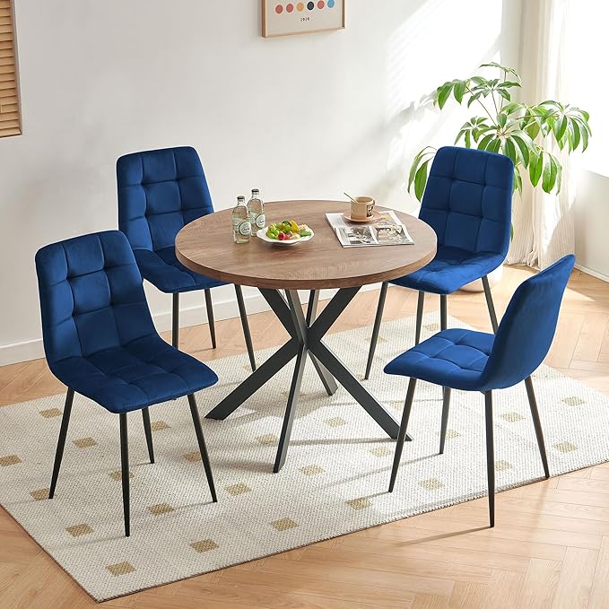5-Piece Round Dining Table Set - Kitchen Table Chairs Set of 4 with Blue Velvet Upholstered Chairs -Dining Table Set for 4