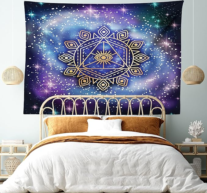 Ambesonne Geometry Tapestry, Celestial and Terrestrial Harmony of Cosmos Mandala Form on Nebula Art, Fabric Wall Hanging Decor for Bedroom Living Room Dorm, 28" X 23", Indigo