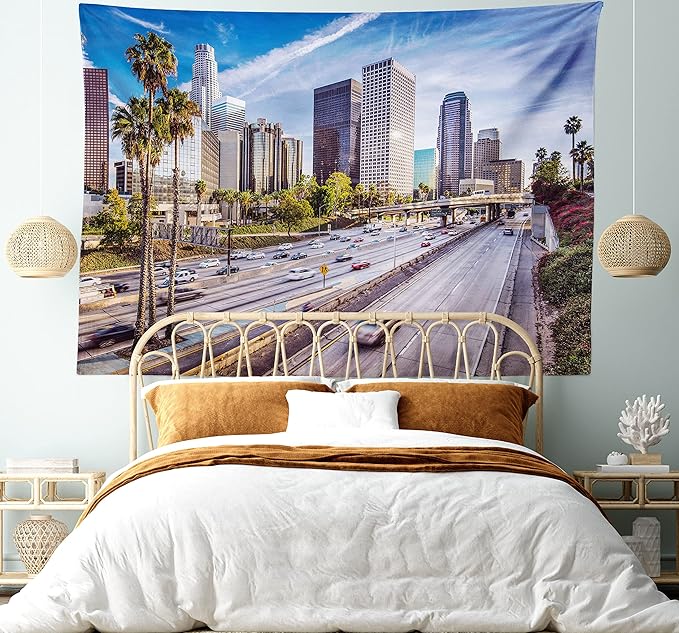 Ambesonne Travel Tapestry King Size, Downtown Cityscape of Los Angeles California USA Avenue Buildings Palms Print, Wall Hanging Bedspread Bed Cover Wall Decor, 104" X 88", Blue Grey Green