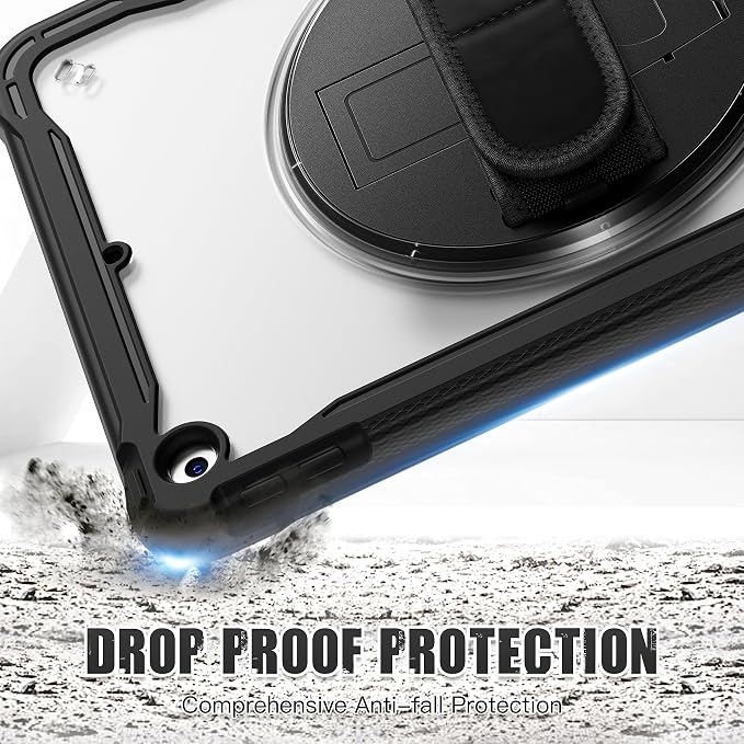 BLOSOMEET Clear Case for iPad 9th/8th/7th Generation 2021/2020/2019 10.2 Inch with Tempered Glass Screen Protector &amp Pencil HolderDrop-Proof iPad 10.2 Case w/Stand Hand Shoulder StrapBlack
