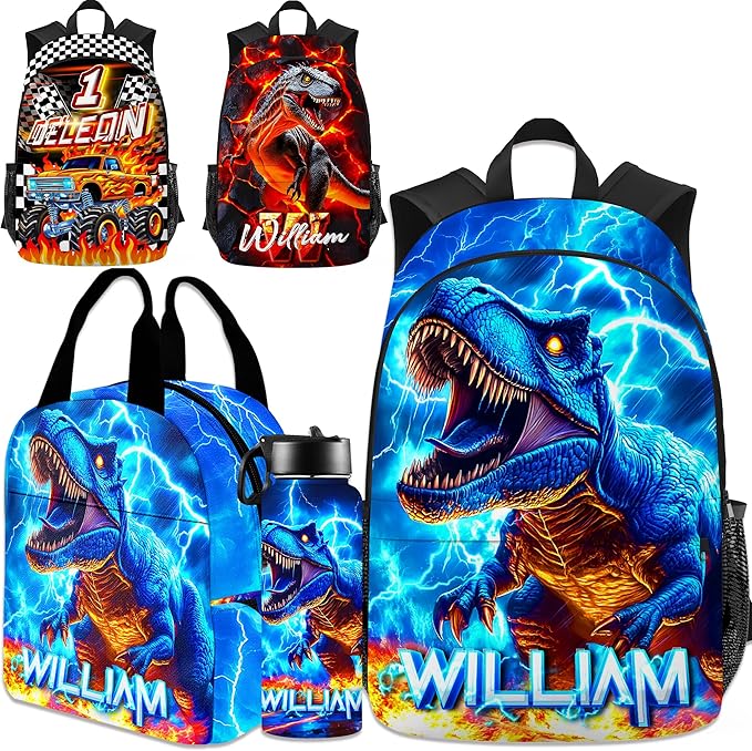 Dinosaur Backpack for Boys Personalized Name Bookbag Back to School Custom Kids Backpacks with Lunch Box for Elementary Middle School Blue