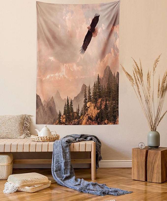 Ambesonne Eagle Tapestry, Nature Photography of Rocky Mountains and Forest a Bird Flying over It, Fabric Wall Hanging Decor for Bedroom Living Room Dorm, 23" X 28", Rose Green