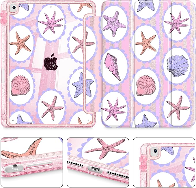 Mektron Sparkly Case for iPad 10.2 inch Glitter Tablet Cases for iPad 9th Gen 2021/8th Gen 2020/7th Gen 2019 Cover with Shiny Clear Back Shell Foldable Bling Smart Cover Blue Floral