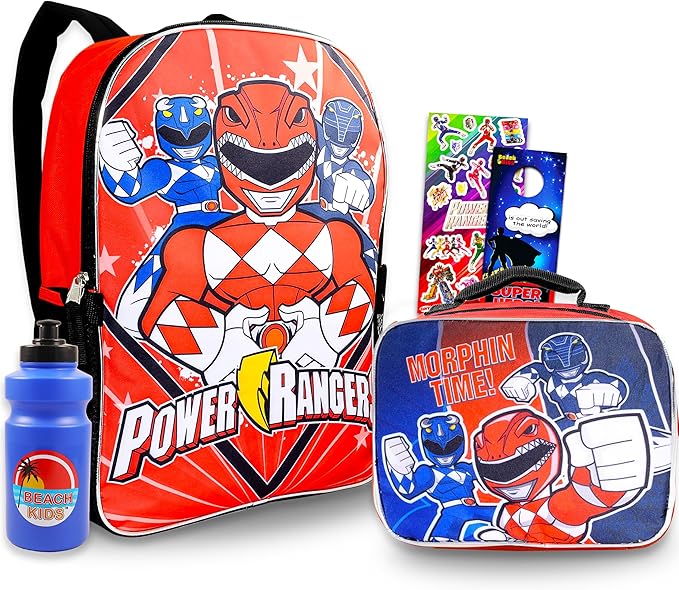 Power Rangers Backpack with Lunch Box for Kids - Bundle with 16" School Bag, Lunch Bag, Stickers, More | Power Rangers School Supplies for Boys