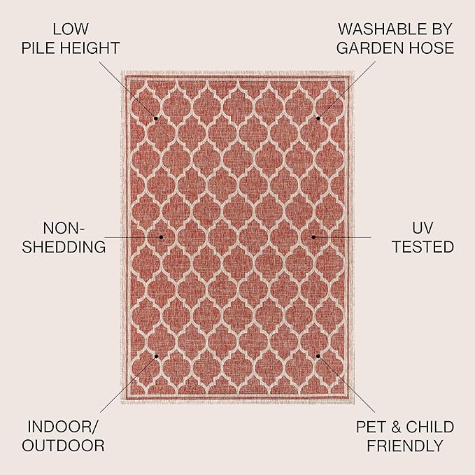 Eyely BMS109C-6R Santa Monica Trebol Moroccan Trellis Textured Weave, Pet Friendly, Non-Shedding, Stain Resistant, Easy-Cleaning, Red/Beige, 6' Round, Indoor/Outdoor, Area Rug