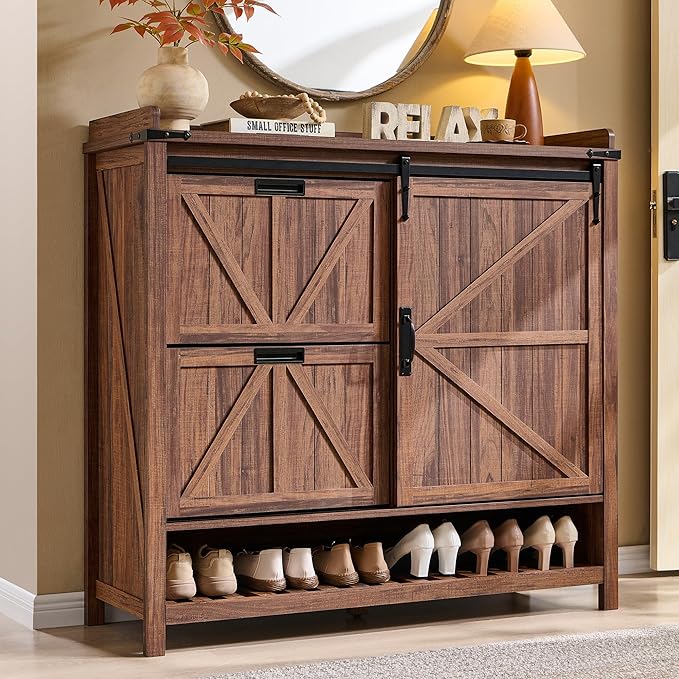 OKD Shoe Storage Cabinet with 2 Flip Drawers & Sliding Door, Farmhouse Entryway Shoe Organizer, Freestanding Rustic Hidden Shoe Rack Cabinet for Entryway, Rustic Walnut