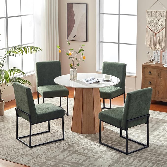 VKNOW Upholstered Dining Chairs Set of 4, Modern Dining Room Chairs, Linen Kitchen Chair Dinner Chair with Black Metal Base for Kitchen Office, Green-Unstriped