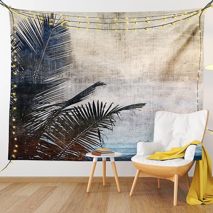Ambesonne Hawaiian Tapestry Twin Size, Palm Tree Leaves on Grunge Background with Sea Vintage Waterscape Illustration, Wall Hanging Bedspread Bed Cover Wall Decor, 68" X 88", Beige Indigo