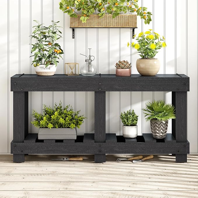 62.9" Vintage Entryway Table - Solid Cedar Wood with Natural Grain, 6 Reinforced Legs & 4.5" Thick Desktop, Metal Rivet Decor & Plank Under-Shelf, Console Table for Hallway, Living Room (Black)