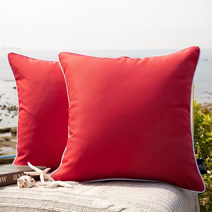 Phantoscope Pack of 2 Outdoor Waterproof Solid Throw Decorative Pillow Cover Decorative Square Outdoor Pillows Cushion Case Patio Pillows for Couch Tent Sunbrella (18''x18'',Red)