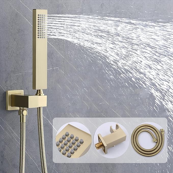 KATAIS Shower Faucet Set Brushed Gold Shower System, Temperature Display Shower Faucet with 12 inch Ceiling Mount and 8 inch Wall Mount Shower Head, with 6 PCS Body Jet and Handheld Spray