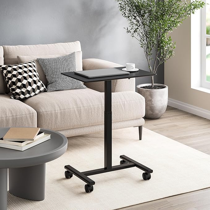 Seville Classics Airlift Height Adjustable Pneumatic Laptop Sit Stand Desk Mobile Rolling Cart, Computer Workstation for Home Office, Classroom, Black, 25.6" Desktop