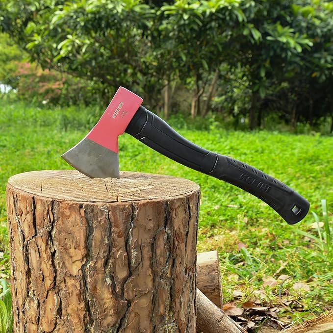 KSEIBI Hatchet with Sheath, Camping Axe for Splitting and Kindling Wood, Forged Steel Blade with Anti-Slip and Shock Reduction Handle Great Throwing Hatchets Pink