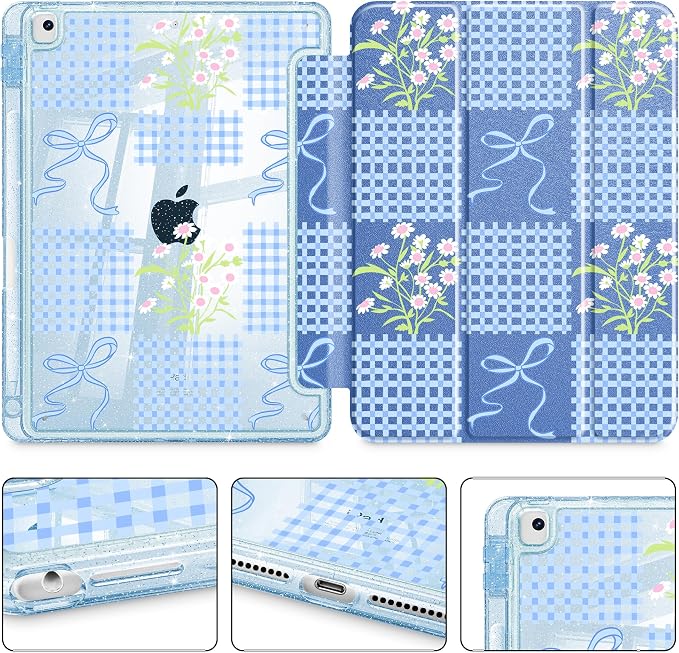 Mektron Sparkly Case for iPad 10.2 inch Glitter Tablet Cases for iPad 9th Gen 2021/8th Gen 2020/7th Gen 2019 Cover with Shiny Clear Back Shell Foldable Bling Smart Cover Blue Floral