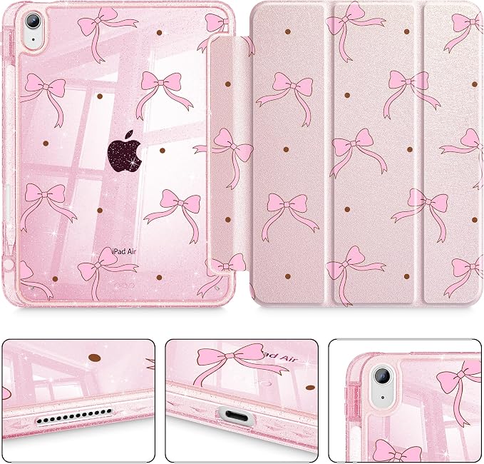for iPad Air 11 inch M4/M3/M2 (2026/2025/2024) iPad Air 5th/4th Gen (2022/2020) 10.9 inch with Pencil Holder Glitter Clear Pretevtive Cover Auto Wake/Sleep Black Cartoon Stickers