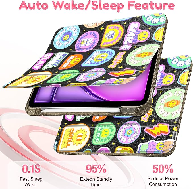 for iPad Air 11 inch M4/M3/M2 (2026/2025/2024) iPad Air 5th/4th Gen (2022/2020) 10.9 inch with Pencil Holder Glitter Clear Pretevtive Cover Auto Wake/Sleep Black Cartoon Stickers