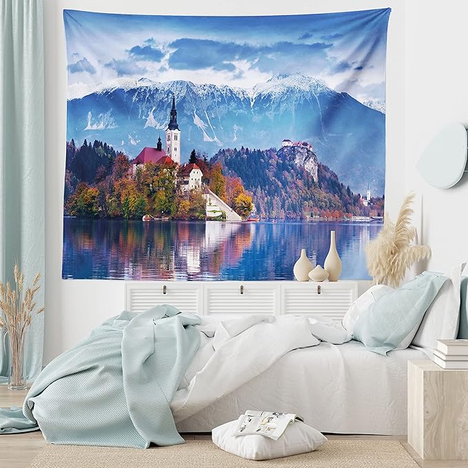 Ambesonne Landscape Tapestry, Photo of Bled in Slovenia with Lake Snowy Mountains and a Castle Pastoral Scenery, Fabric Wall Hanging Decor for Bedroom Living Room Dorm, 23" X 28", Blue Lavender