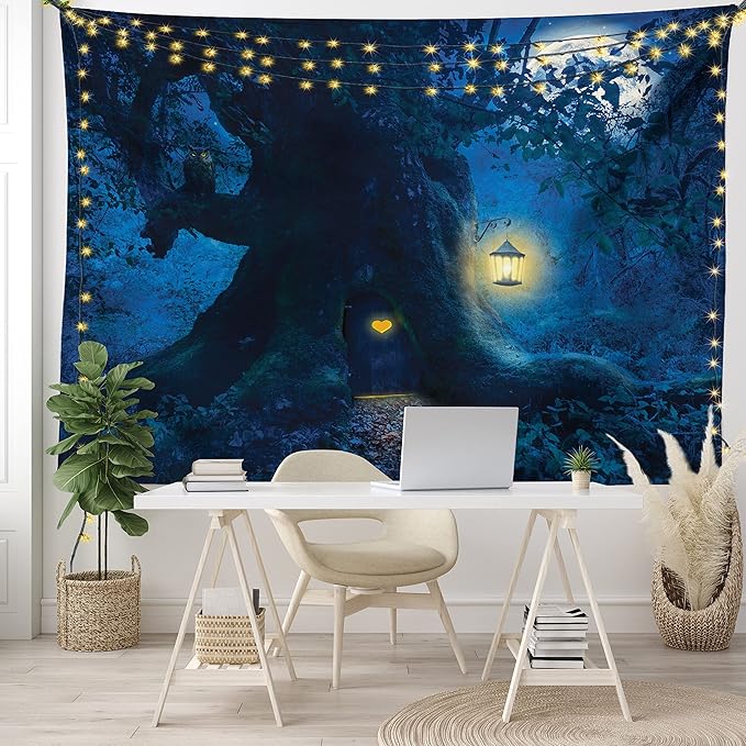 Ambesonne Fantasy Tapestry King Size, Night with a Little Home in The Trunk of an Tree in The Woods Print, Wall Hanging Bedspread Bed Cover Wall Decor, King Size, Navy Blue