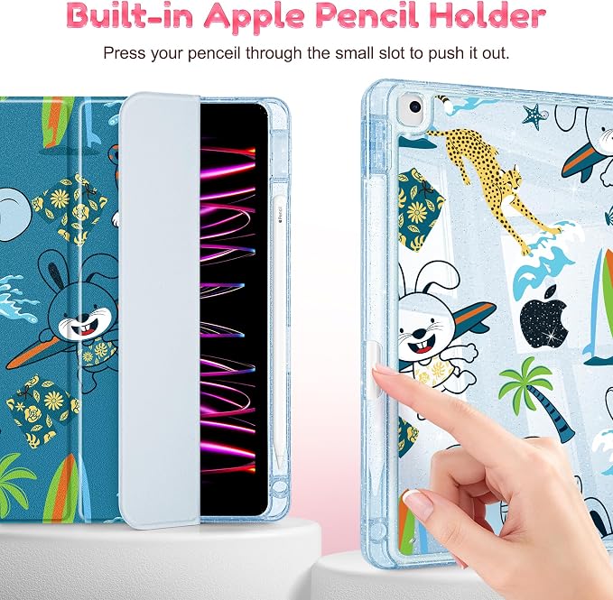 Mektron Sparkly Case for iPad 10.2 inch Glitter Tablet Cases for iPad 9th Gen 2021/8th Gen 2020/7th Gen 2019 Cover with Shiny Clear Back Shell Foldable Bling Smart Cover Blue Floral