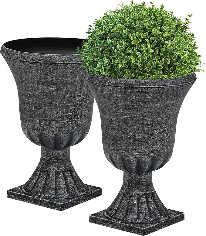 22" Urn Planters Outdoor Planter for Plants Set of 2 Timeless Plastic Large Flower Pot with Drainage Hole Handmade Washed Black Finish Garden Pots for Porch, Patio Christmas Decor