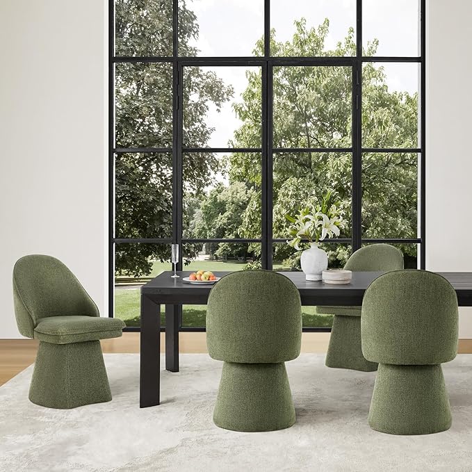 Swivel Dining Chairs Set of 4, Upholstered Mid Century Modern Deskchair with Round Back, Linen Fabric Kitchen Chairs for Dining Room, Bedroom, Dressing Room, Moss Green