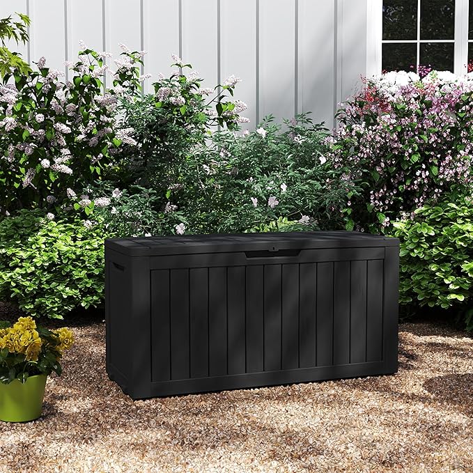 80GAL Black Resin Deck Box - Large Waterproof Storage for Patio Furniture, Pool Floats & Garden Supplies - Lockable, UV-Resistant for Backyards, Pool Decks