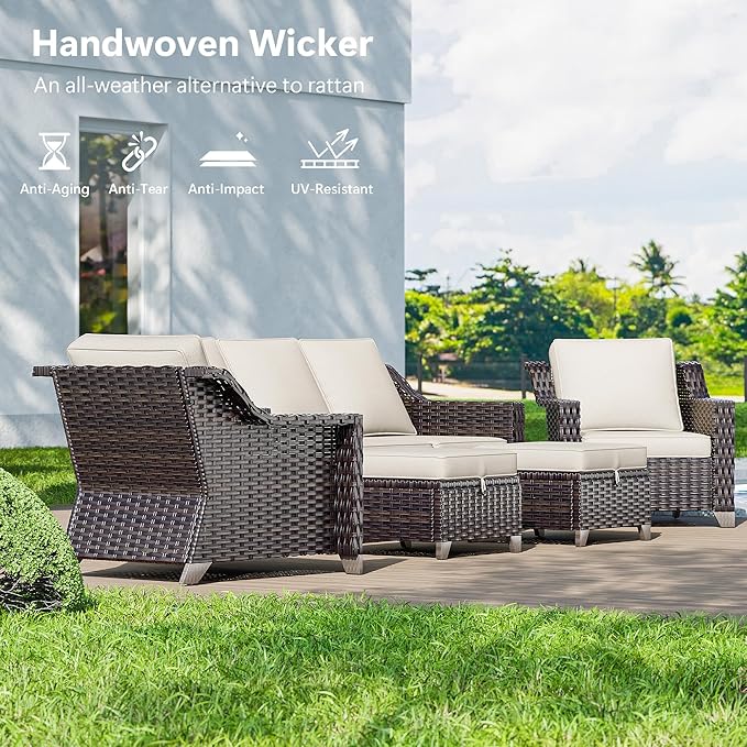 4 Pieces Wicker Patio Furniture, Luxury Outdoor Furniture with 2 Pieces Patio Rattan Chair, 2 Patio Ottoman, Wide Armrest, Thickened Cushions, Ideal for Deck, Porch Use