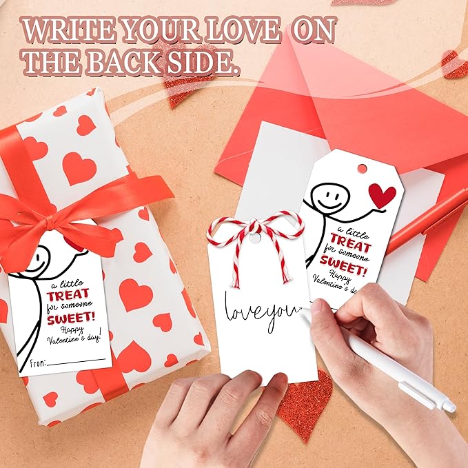 Funny Valentine Tags - 50Pcs A Little Treat Happy Valentine Tags with String, Gift Label Idea Valentines Activity Party Favors-Minimalism