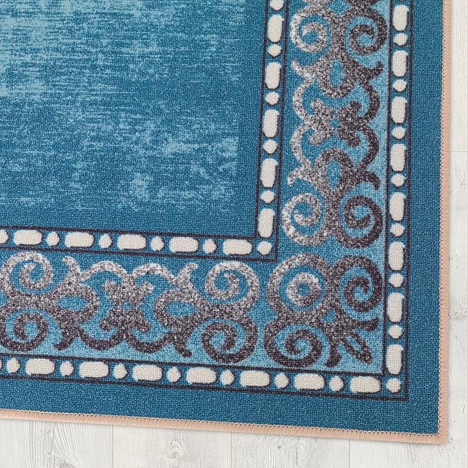 Antep Rugs Alfombras Bordered Modern 4x6 Non-Slip (Non-Skid) Low Pile Rubber Backing Indoor Area Rug (Turquoise Blue, 4' x 5'8")